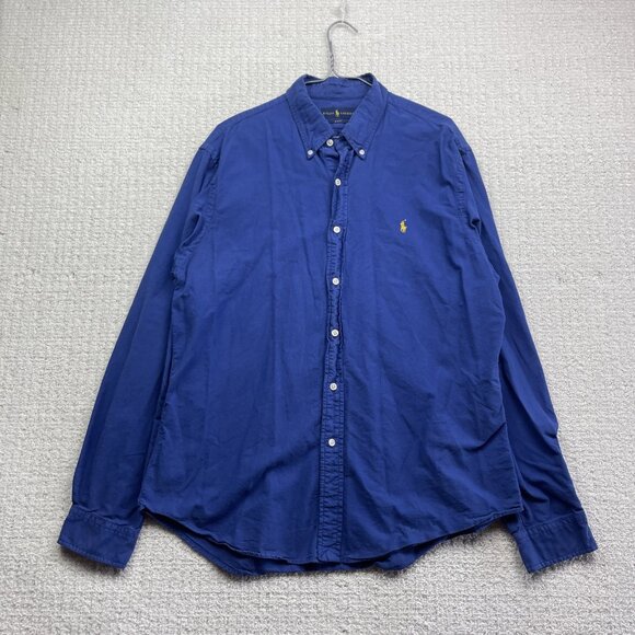 Vintage Ralph Lauren *Blue* w/ Logo Yellow Shirt Slim Fit Mens XL Button Down - Picture 1 of 16